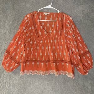American Eagle womens S long sleeve peasant sleeve boho blouse eyelet lace flowy